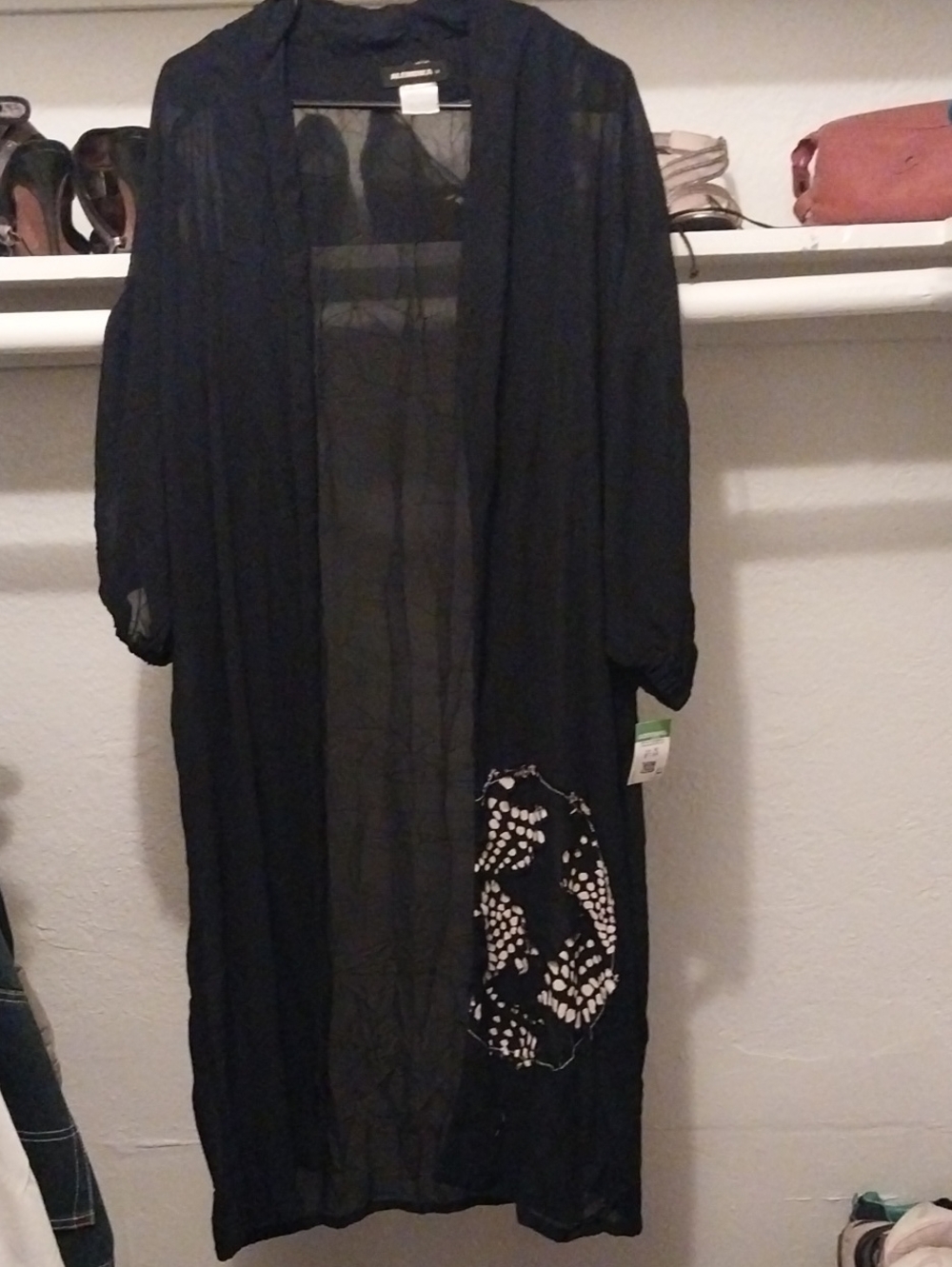 AlembikaBlack Sheer Duster with White Embroidered Patch